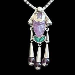 Vintage Taxco Mexico Sterling silver amethyst and malachite warrior pendant